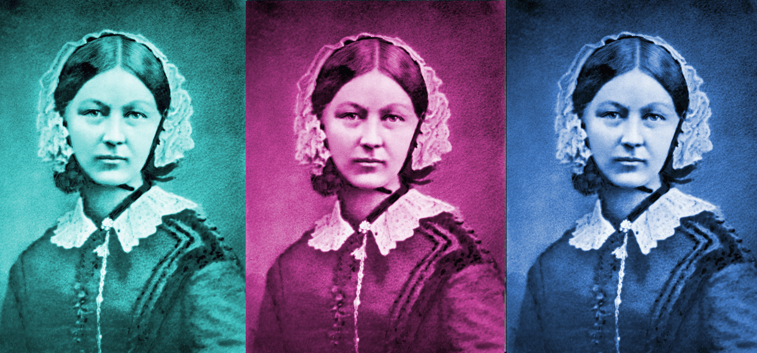 Tres mujeres de distintos colores: verde, burdeos y azul. Un collage en el que aparece Florence Nightingale.