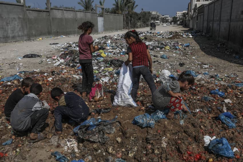Niños y niñas palestinas rebuscan comida entre montones de basura en Deir al-Balah, Gaza, en medio de la hambruna y el bloqueo impuesto por Israel.