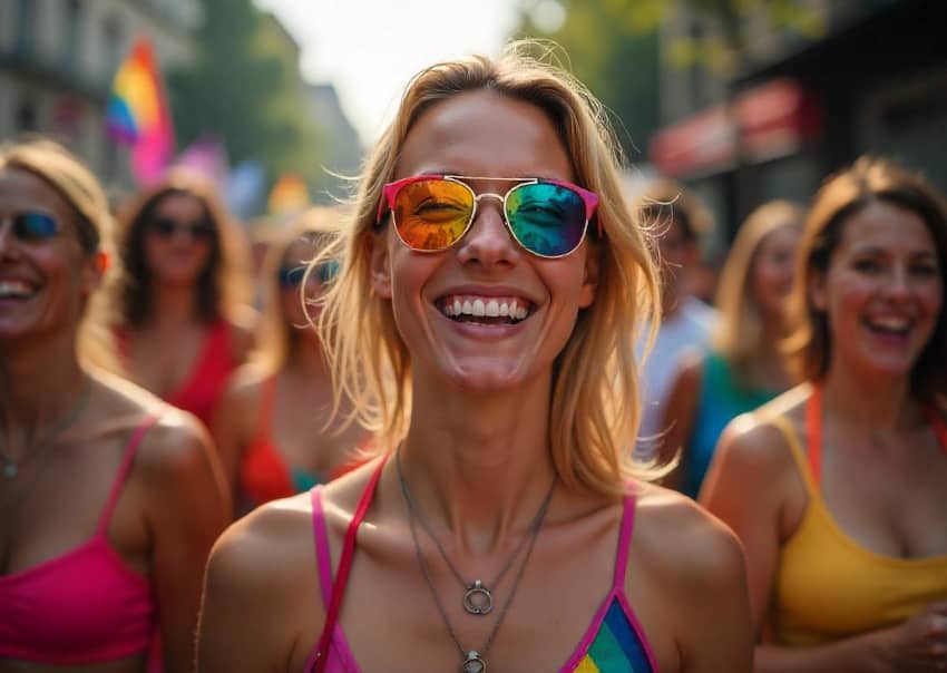 Una chica con gafas de color arcoíris sonríe abiertamente