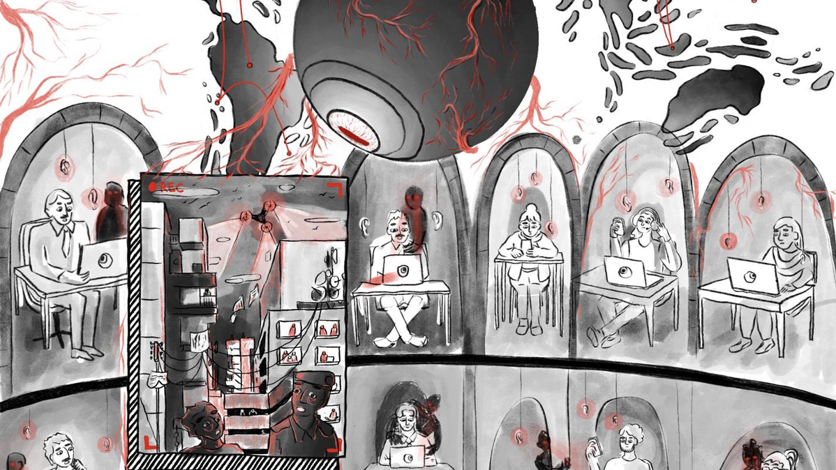 Ilustración con personas en pequeños habitáculos utilizando tecnología y supervisadas por un ojo que todo lo ve