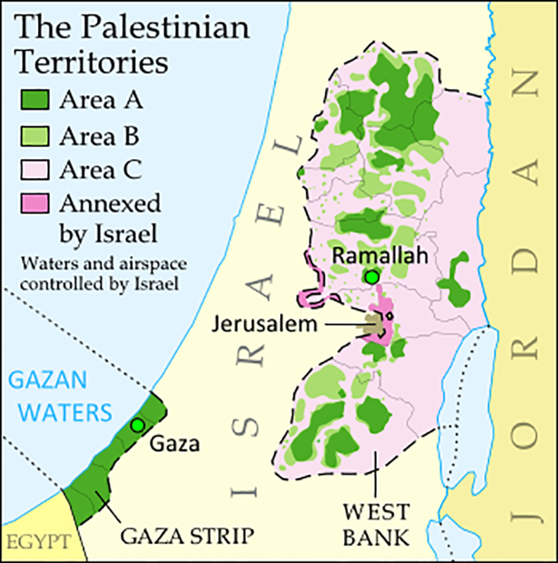 Mapa de Cisjordania con las zonas A, B y C