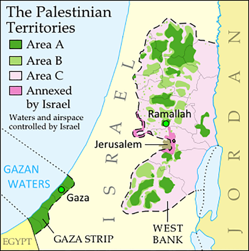 Mapa de las zonas A, B y C en Cisjordania