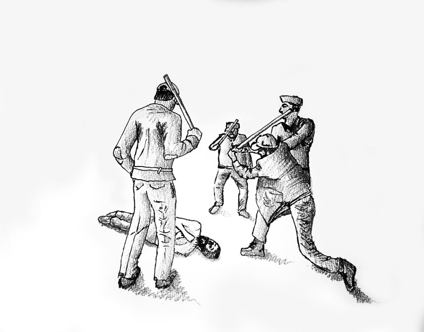 Ilustración de guardias apaleando a un preso