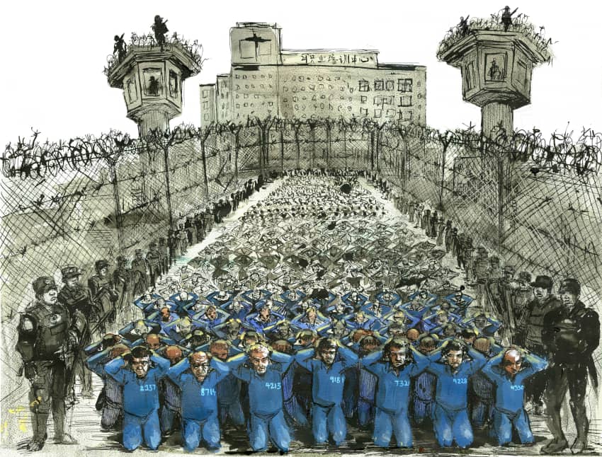 Varios guardias rodean a un numeroso grupo de detenidos en un campo de internamiento de Xinjiang