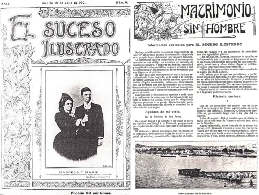 Portada del periódico El Suceso Ilustrado de 1901 que documenta el matrimonio de Marcela y Elisa, primeras lesbianas en casarse por la Iglesia en España.