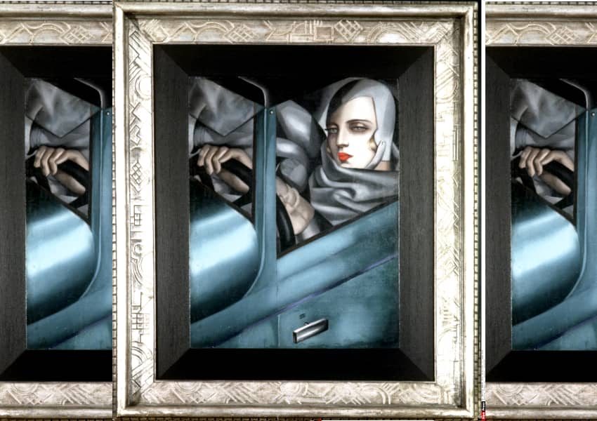 Collage con el cuadro El autorretrato en un bugatti verde de Lempicka