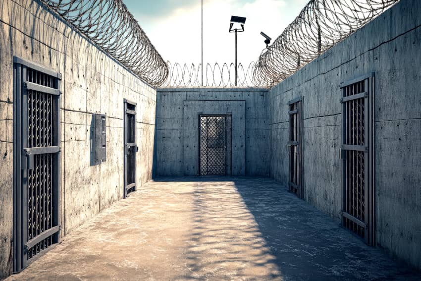 Pasillo de prisión con rejas y alambre de púas que representa el corredor de la muerte y la pena de muerte en el mundo.