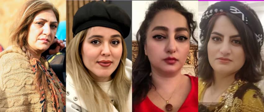 Activistas de derechos de las mujeres kurdas detenidas el 10 de marzo de 2025 durante protestas en Irán, incluyendo a Baran Saedi, Soma Mohammadrezaei, Leila Pashaei y Sohaila Motaei.