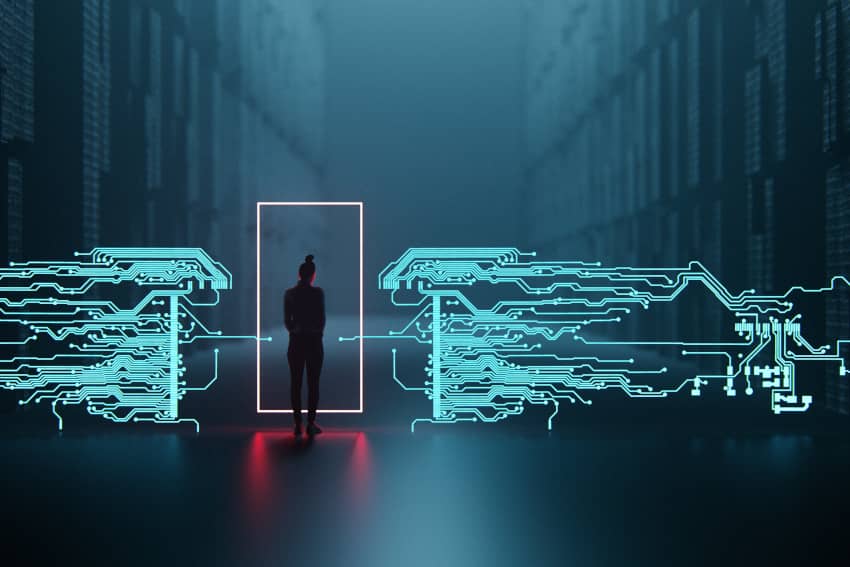 Imagen digital de una mujer rodeada de algortimos