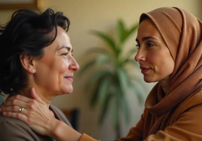 Dos mujeres, una con velo y otra sin, se mran a los ojos y sonrién con cariño