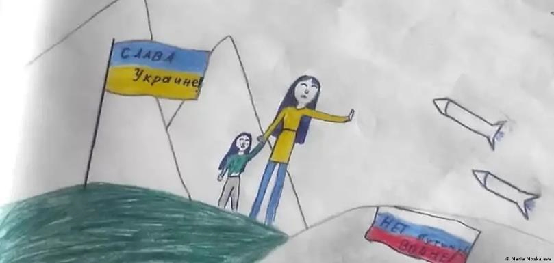Dibujo de aviones tirando bombas sobre una madre y una hija en Ucrania